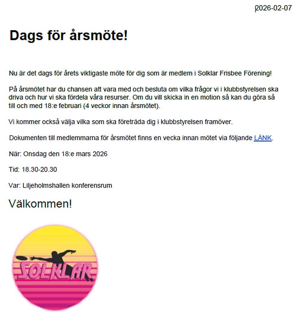 Invitation to Annual Meeting 2026 / Solklar Frisbee - Medlemmar - Dont ...